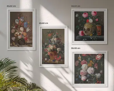 Bloemen in vazen, composities meerluik in lijst