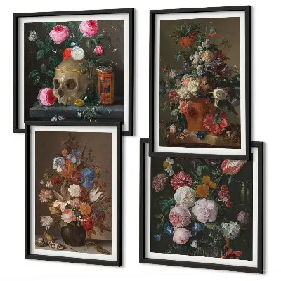 Bloemen in vazen, composities meerluik in lijst