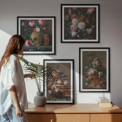 Bloemen in vazen, composities meerluik in lijst