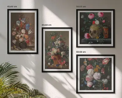Bloemen in vazen, composities meerluik in lijst
