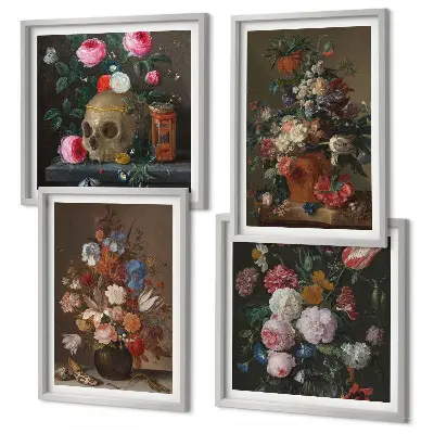 Bloemen in vazen, composities meerluik in lijst