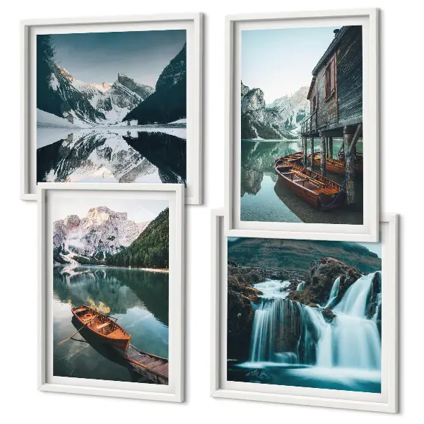 Weerspiegeling van boten in bergmeren meerluik in lijst