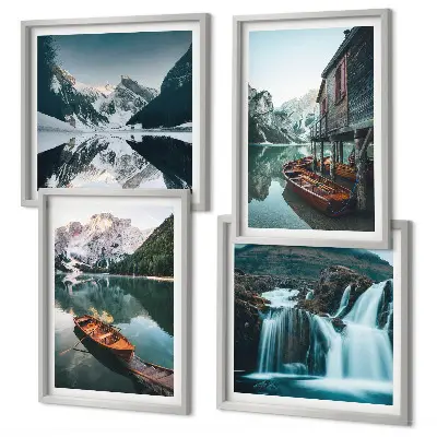 Weerspiegeling van boten in bergmeren meerluik in lijst