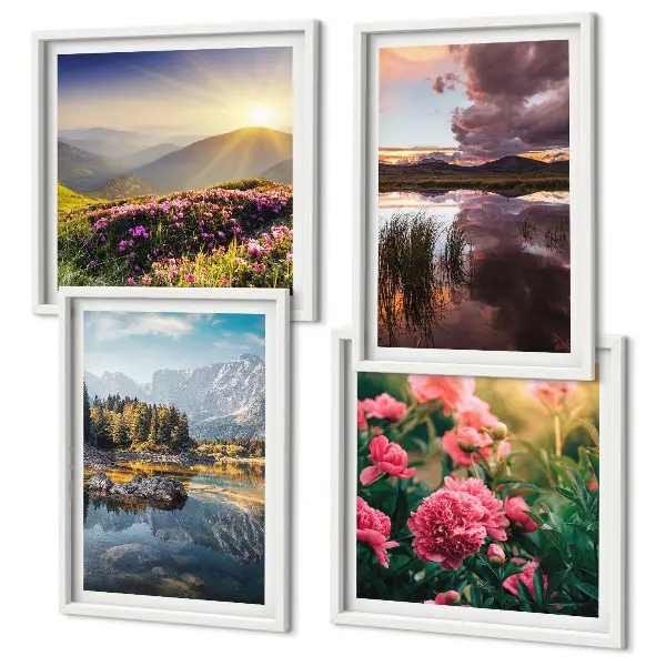 Set van posters met lijst bloementuin met bergweide in waterverfstijl