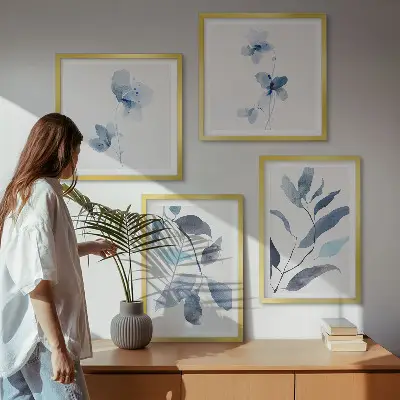 Blauwe bladeren aquarel set van posters met lijst