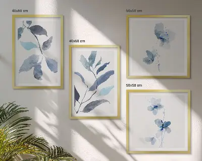 Blauwe bladeren aquarel set van posters met lijst