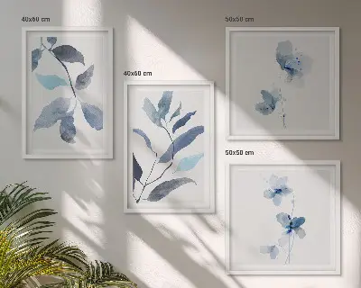 Blauwe bladeren aquarel set van posters met lijst
