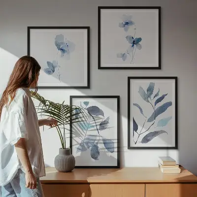 Blauwe bladeren aquarel set van posters met lijst
