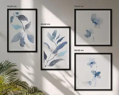 Blauwe bladeren aquarel set van posters met lijst