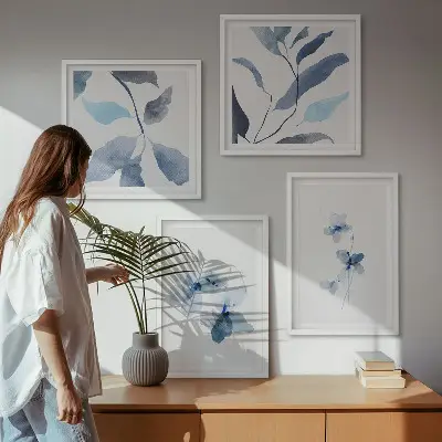 Minimalistische blauwe bloemen meerluik in lijst