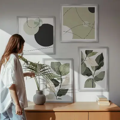 Abstracte posterenset met lijsten geschilderd bladeren motief