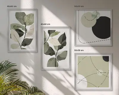 Abstracte posterenset met lijsten geschilderd bladeren motief