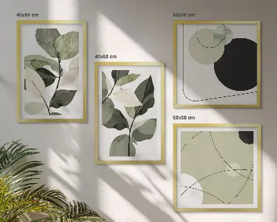 Abstracte posterenset met lijsten geschilderd bladeren motief