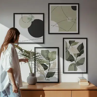 Abstracte posterenset met lijsten geschilderd bladeren motief