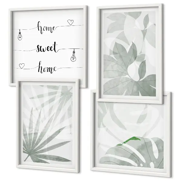 Set van posters met lijst met een afbeelding van bladeren in groenachtig grijze tinten