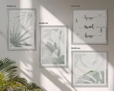 Set van posters met lijst met een afbeelding van bladeren in groenachtig grijze tinten