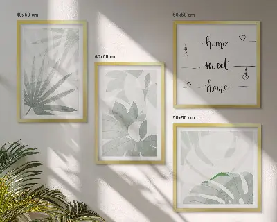 Set van posters met lijst met een afbeelding van bladeren in groenachtig grijze tinten