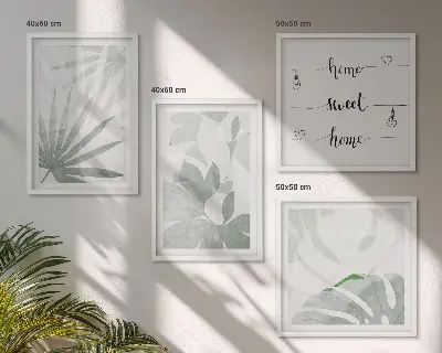 Set van posters met lijst met een afbeelding van bladeren in groenachtig grijze tinten