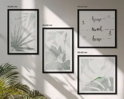 Set van posters met lijst met een afbeelding van bladeren in groenachtig grijze tinten