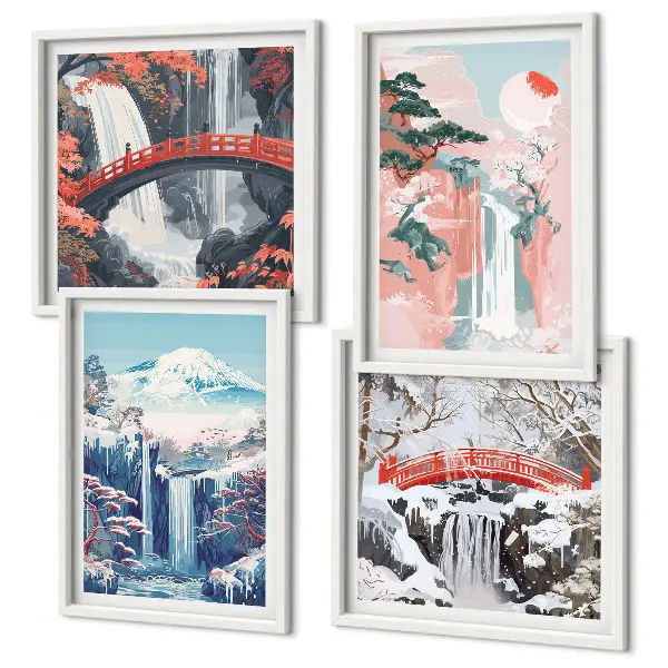 Set posters met lijst met afbeeldingen van watervallen bergen een brug en bomen