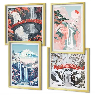 Set posters met lijst met afbeeldingen van watervallen bergen een brug en bomen