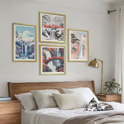 Set posters met lijst met afbeeldingen van watervallen bergen een brug en bomen