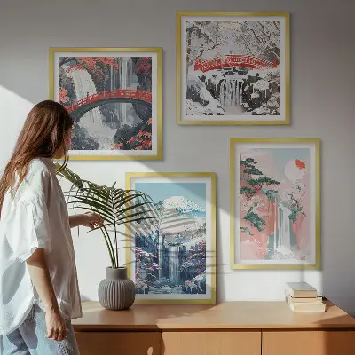 Set posters met lijst met afbeeldingen van watervallen bergen een brug en bomen