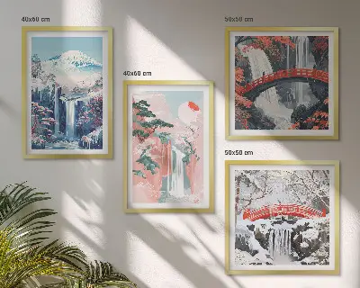 Set posters met lijst met afbeeldingen van watervallen bergen een brug en bomen