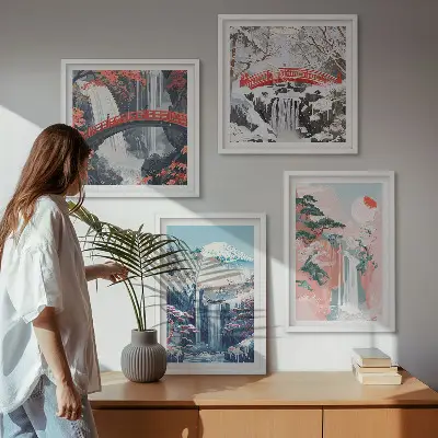 Set posters met lijst met afbeeldingen van watervallen bergen een brug en bomen