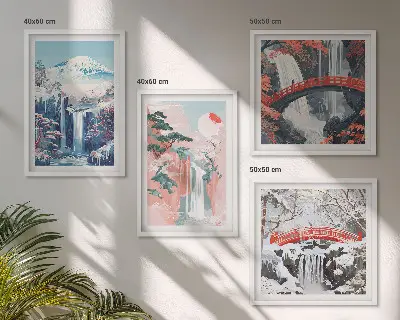 Set posters met lijst met afbeeldingen van watervallen bergen een brug en bomen