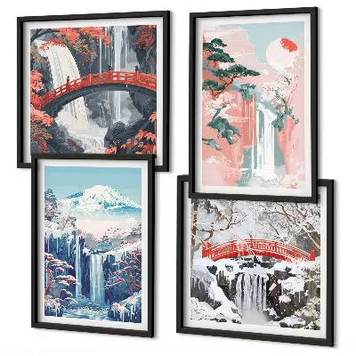 Set posters met lijst met afbeeldingen van watervallen bergen een brug en bomen