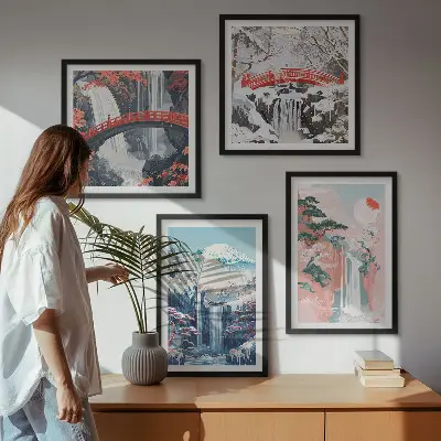 Set posters met lijst met afbeeldingen van watervallen bergen een brug en bomen