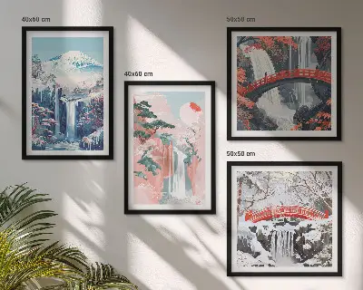 Set posters met lijst met afbeeldingen van watervallen bergen een brug en bomen