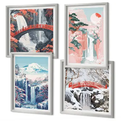 Set posters met lijst met afbeeldingen van watervallen bergen een brug en bomen