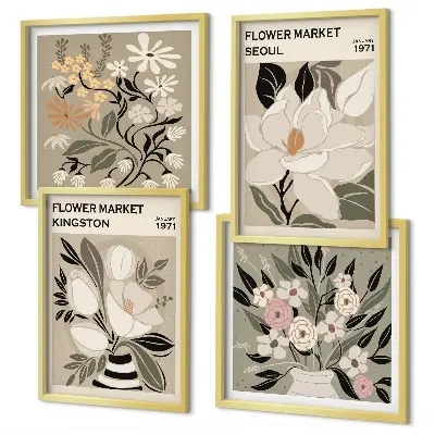 Set van posters met lijst met retro bloemen uit steden over de hele wereld