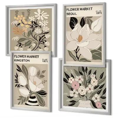 Set van posters met lijst met retro bloemen uit steden over de hele wereld