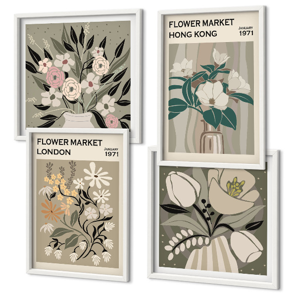 Set van posters met lijst Bloemenillustraties Londen Hong Kong