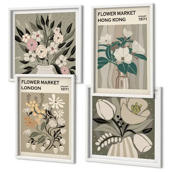 Set van posters met lijst bloemenillustraties van Londen en Hong Kong