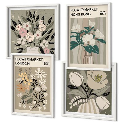 Set van posters met lijst Bloemenillustraties Londen Hong Kong