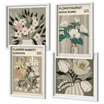 Set van posters met lijst bloemenillustraties van Londen en Hong Kong