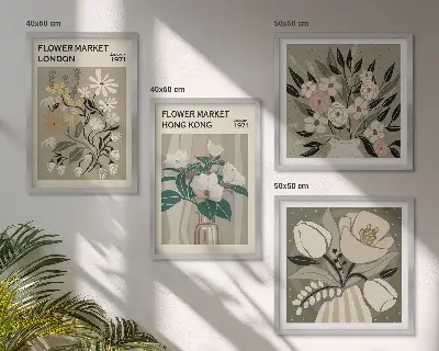 Set van posters met lijst bloemenillustraties van Londen en Hong Kong