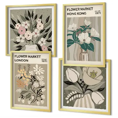 Set van posters met lijst bloemenillustraties van Londen en Hong Kong