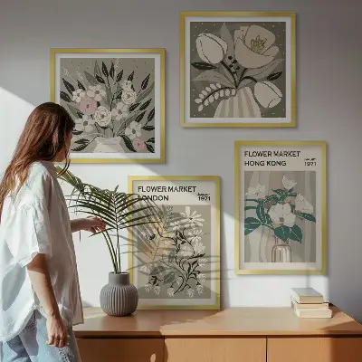 Set van posters met lijst bloemenillustraties van Londen en Hong Kong