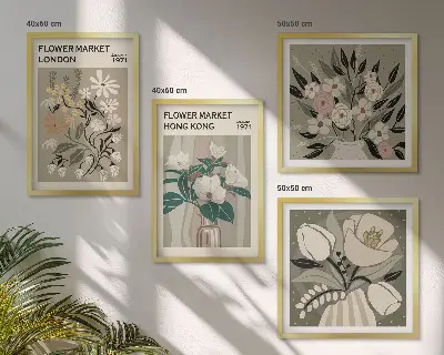 Set van posters met lijst bloemenillustraties van Londen en Hong Kong