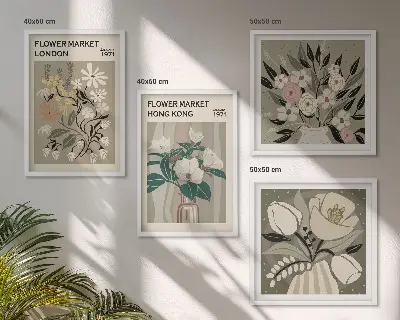 Set van posters met lijst bloemenillustraties van Londen en Hong Kong