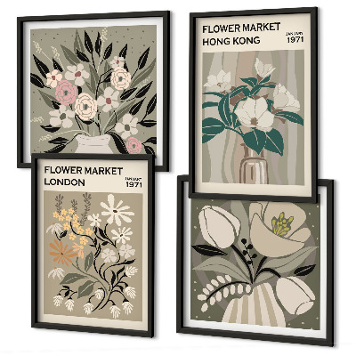 Set van posters met lijst Bloemenillustraties Londen Hong Kong