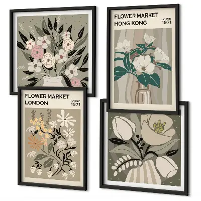Set van posters met lijst bloemenillustraties van Londen en Hong Kong