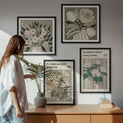 Set van posters met lijst bloemenillustraties van Londen en Hong Kong