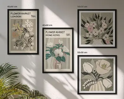 Set van posters met lijst bloemenillustraties van Londen en Hong Kong
