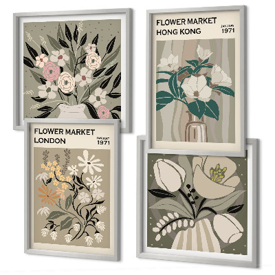 Set van posters met lijst Bloemenillustraties Londen Hong Kong